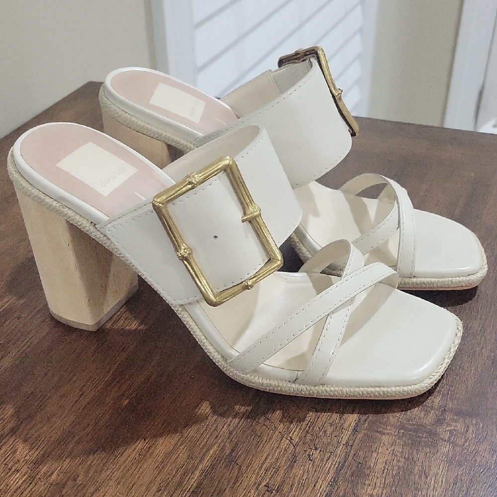 Dolce Vita White Block Heel Sandals With Gold Buckle